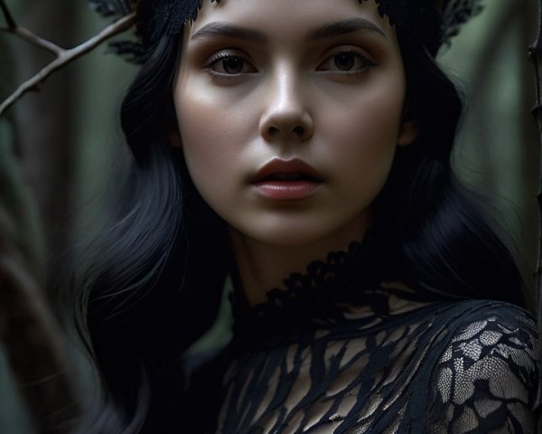 Young woman in black lace dress in a forest setting
