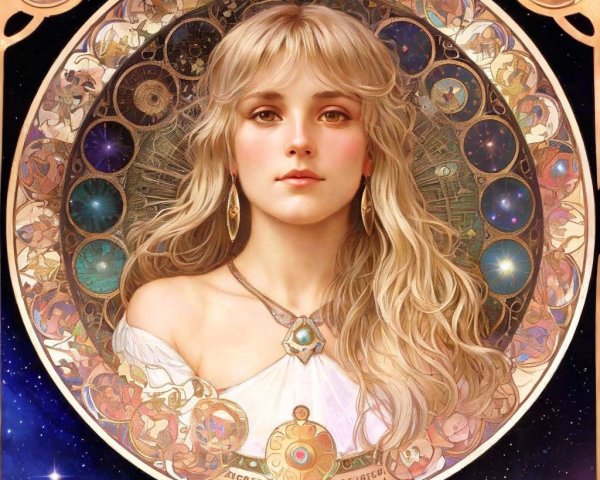 Radiant Young Woman in Celestial Ornate Frame