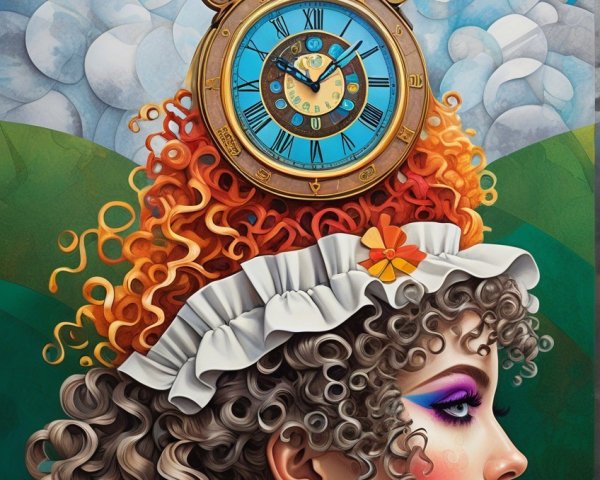 Stylized Woman with Clock and Whimsical Clouds