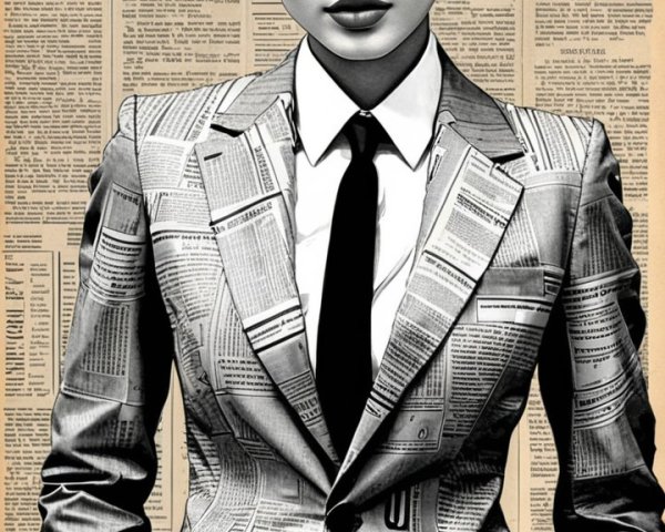 Woman in Tailored Suit of Newspaper Clippings