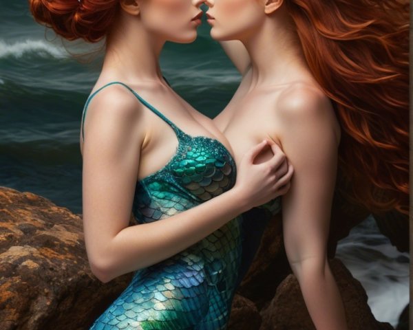 Mermaids with Red Hair on Rocky Sea Cliffs