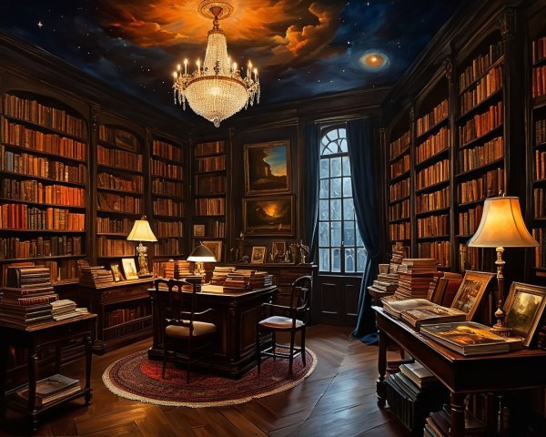Luxurious study with antique books and elegant decor