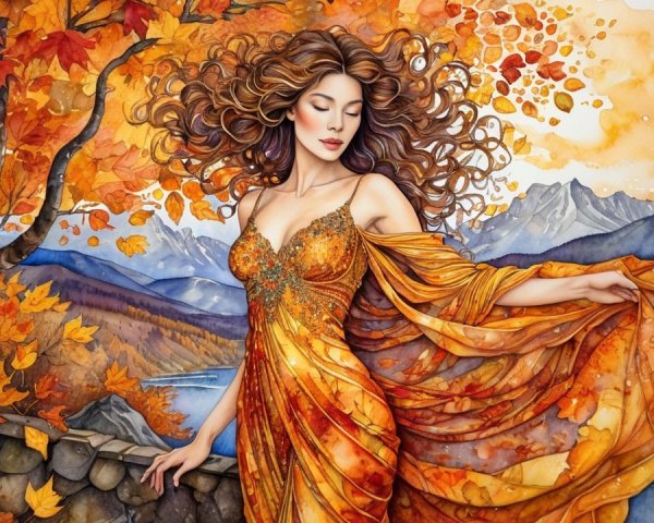 Woman in Orange Gown Surrounded by Autumn Landscape