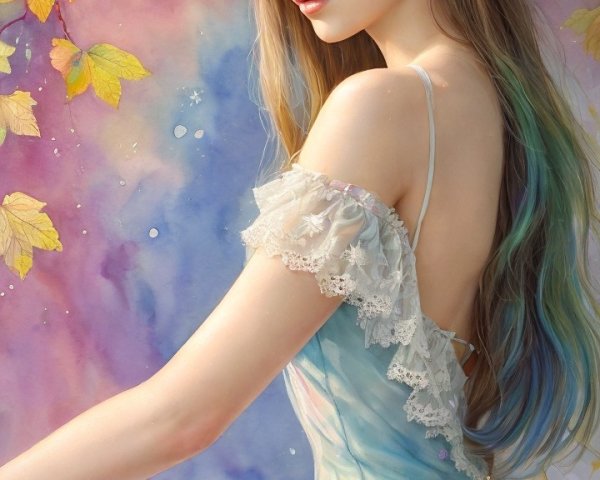 Young woman in pastel gown with floral crown and leaves