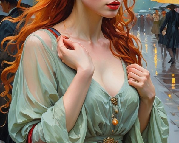 Young Woman in Green Gown in Rainy Urban Scene