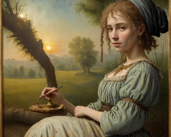 Young Woman in Light Blue Gown Seated in Nature