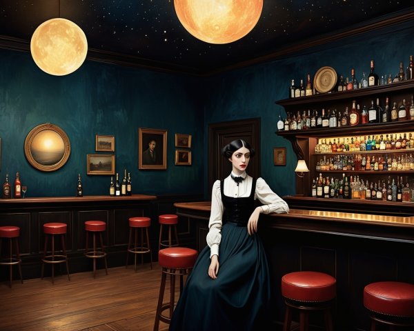 Elegant Woman in Vintage Gown at Dimly Lit Bar