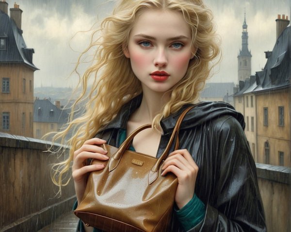 Young woman in rain with platinum blonde hair and coat