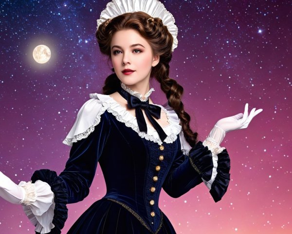Elegant Woman in Vintage Dress Against Cosmic Backdrop