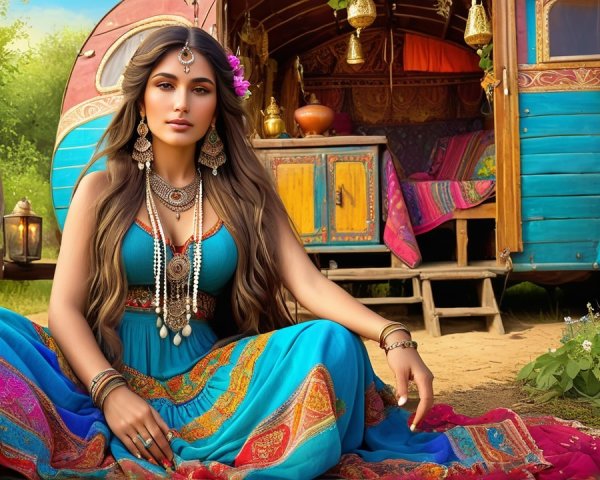 Young Woman in Blue Dress by Vibrant Caravan