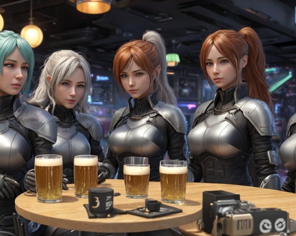 Futuristic Bar Scene with Women in Silver Bodysuits