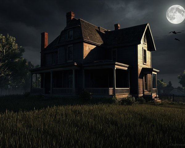 Eerie Victorian House Under Full Moon at Night