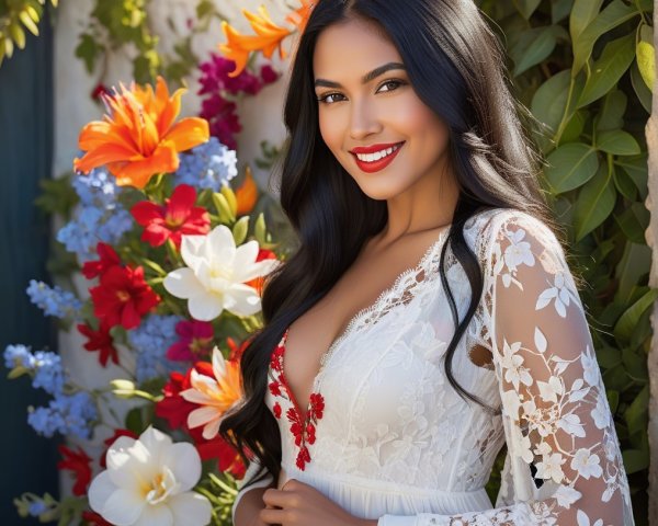 Young woman in white dress among vibrant flowers