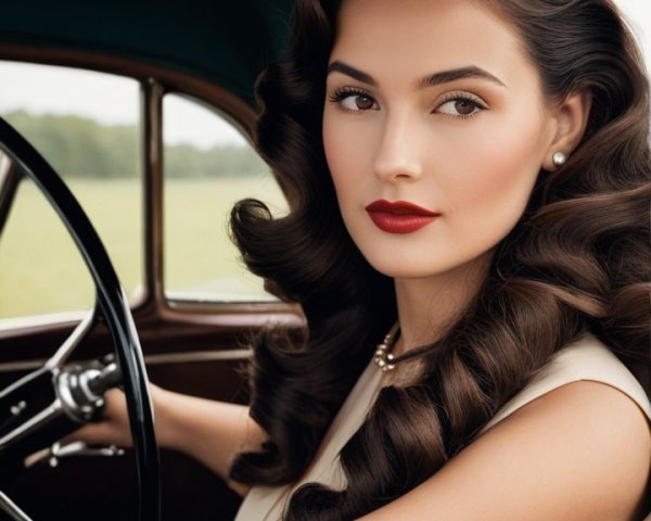 Glamorous Woman in Vintage Car with Timeless Elegance