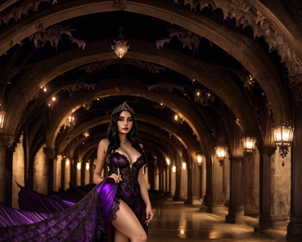 Gothic Corridor with Woman in Purple Gown and Tiara