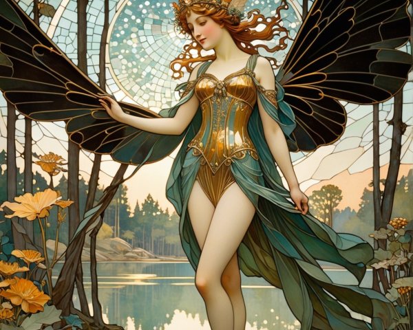 Mystical Fairy by Serene Lake with Stained Glass Wings