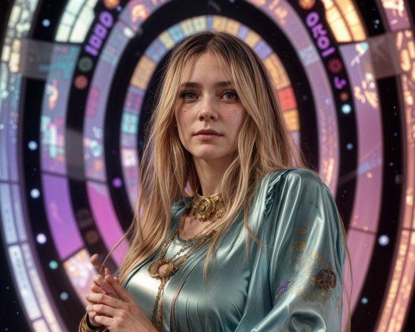 Detailed Portrait of a Young Woman in Teal Satin Dress