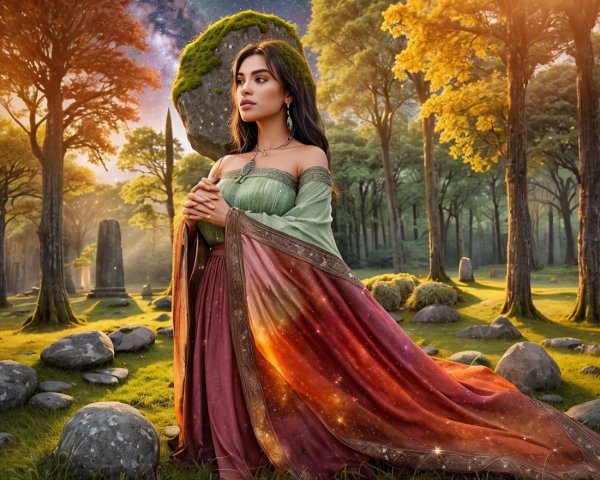 Mystical Forest Scene with Woman in Elegant Gown