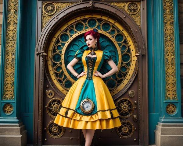 Model in Vibrant Teal and Yellow Dress with Steampunk Background
