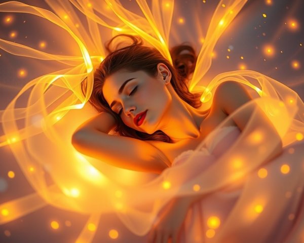 Serene Woman Surrounded by Ethereal Fabrics and Light