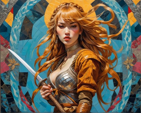 Fierce Warrior Woman in Metallic Armor with Sword