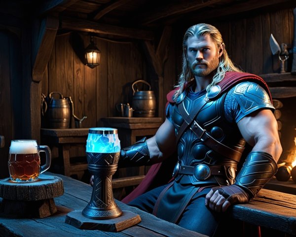 Muscular Warrior in Rustic Tavern with Glowing Stone