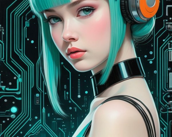 Futuristic Female Figure with Teal Hair and Headphones
