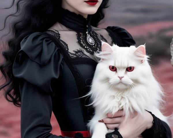 Elegant Figure in Black Gown with White Cat in Landscape