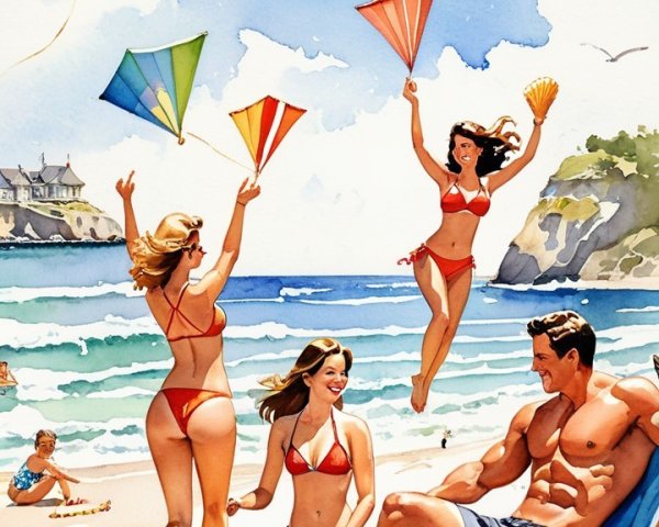 Vibrant Beach Scene with Women Flying Kites and Sunbathing