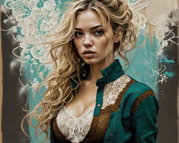 Young woman in vintage teal outfit with floral background