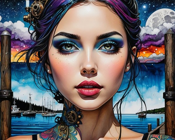 Young woman with blue and purple hair at sunset