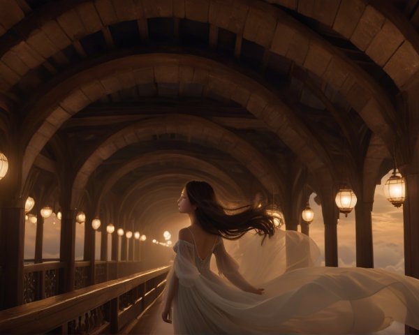 Serene figure in white dress in ornate corridor