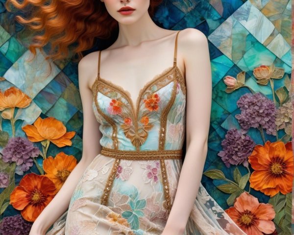 Model with Red Hair in Floral Background and Gown
