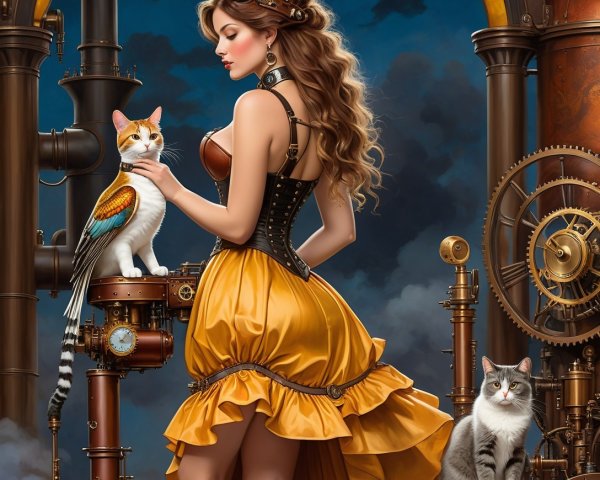 Steampunk woman with cats on brass machinery backdrop