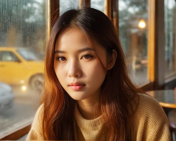 Young woman at table by rain-speckled window