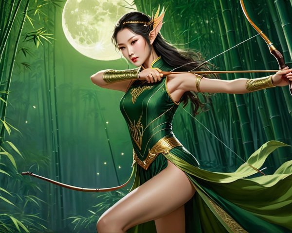 Elven Warrior in Moonlit Bamboo Forest with Bow