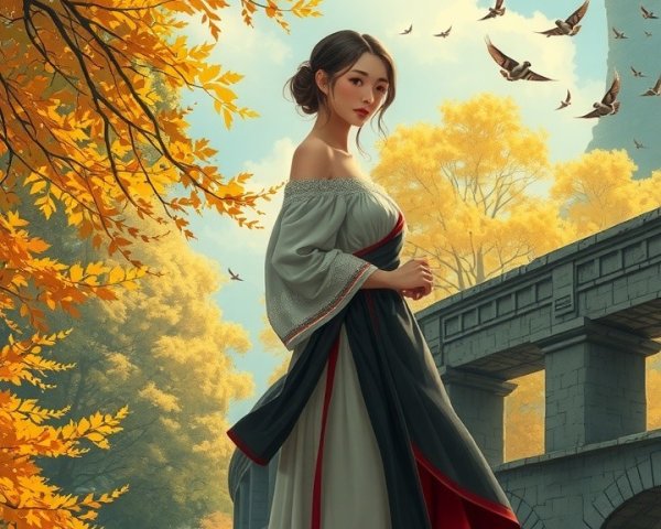Young Woman in Dress Amid Autumn Landscape and Aqueduct