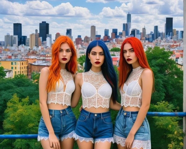 Stylish Women with Colorful Hair Against City Skyline
