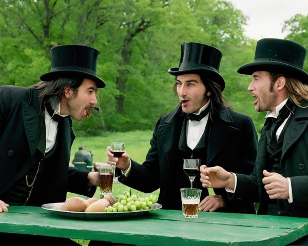 Three Men in Suits at Picnic Table with Food
