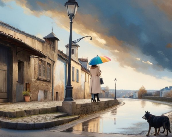 Woman with Dog on Cobblestone Street Under Umbrella