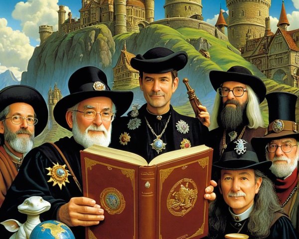 Group of Seven Wizards in Colorful Robes at Castle