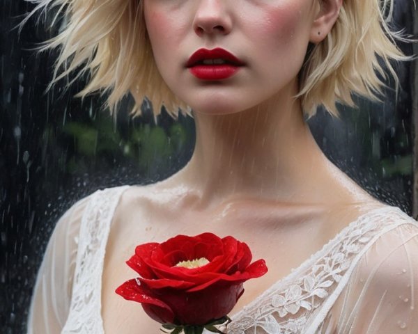 Portrait of a Woman with Roses in Soft Rain