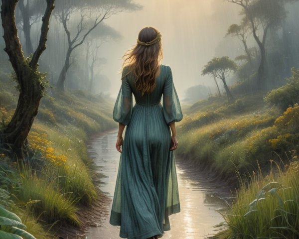 Woman in Green Dress on Winding Path Among Trees