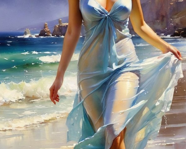 Woman in Blue Dress on Serene Sunlit Beach