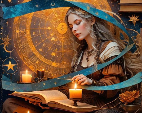 Young Woman Reading in a Mystical Candlelit Setting