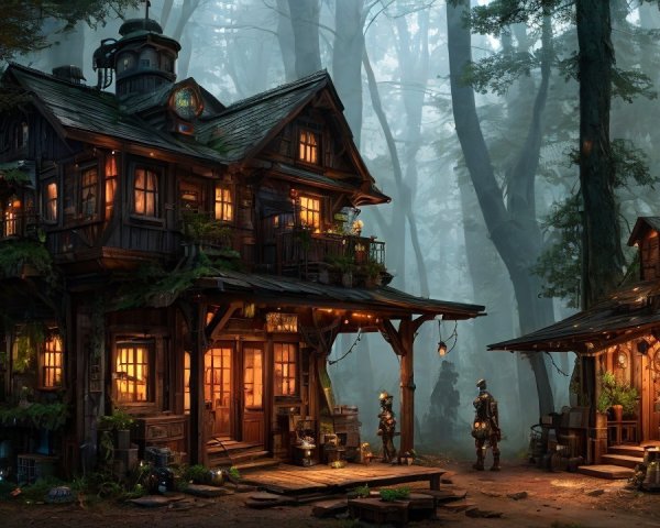 Whimsical Two-Story Wooden House in Foggy Forest