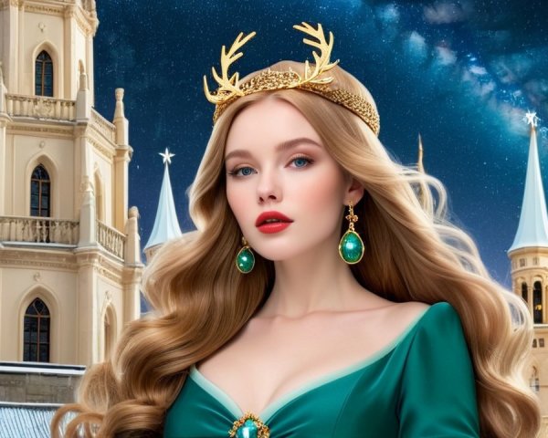 Glamorous Woman in Emerald Gown Against Winter Castle