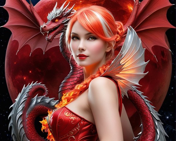 Fantasy Scene of Woman with Dragon and Blood-Red Moon