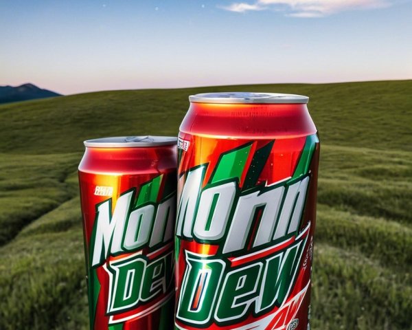 Mountain Dew Cans Against Scenic Dusk Landscape