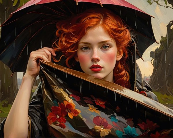Young woman with red hair under black umbrella in rain